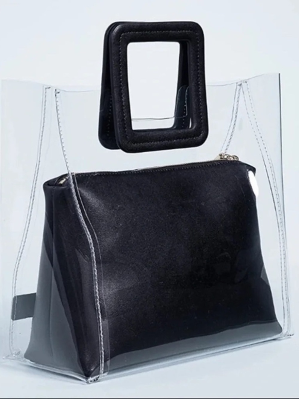 STAUD Shirley Clear PVC Tote with Black Square Handles & Inner Leather Pouch